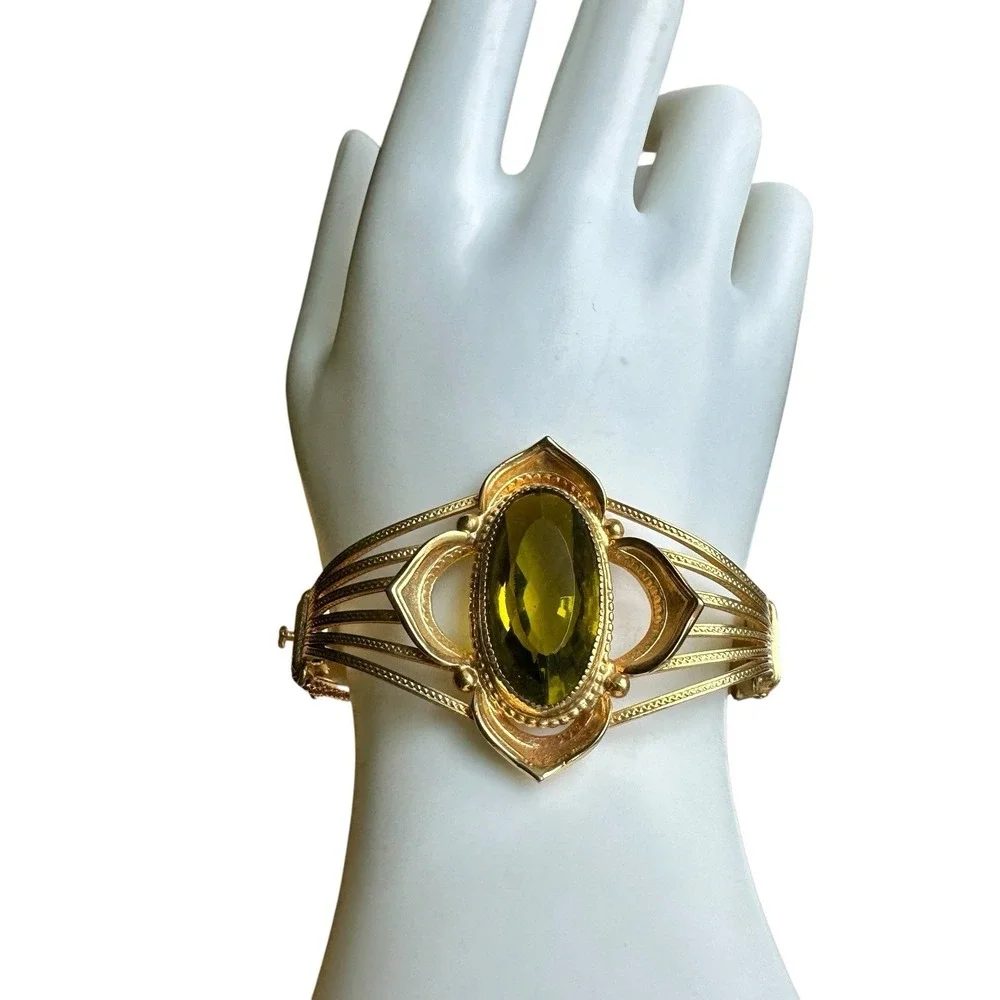 VTG Art Deco‎ Whiting Davis Bracelet 6 Inch Signed Green Glass Gold Plated Rare